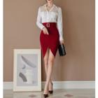 Long-sleeve Mesh Panel Shirt / Slit Skirt