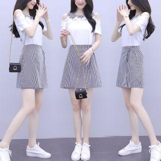 Set: Cold-shoulder Short-sleeve T-shirt + Striped Mini A-line Skirt