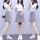 Set: Cold-shoulder Short-sleeve T-shirt + Striped Mini A-line Skirt