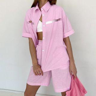 Set: Short-sleeve Cutout Shirt + Shorts