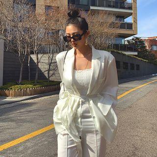 Single-breasted Longline Satin Blazer With Sash