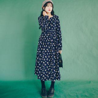 Long-sleeve Floral Shirred Midi Dress