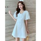 Plain Puff-sleeve V-neck Mini A-line Dress
