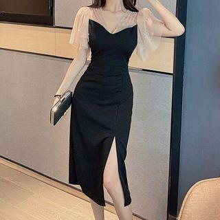 Beaded Mesh Panel Slit Midi Bodycon Dress