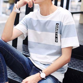 Lettering-label Striped Short-sleeve T-shirt