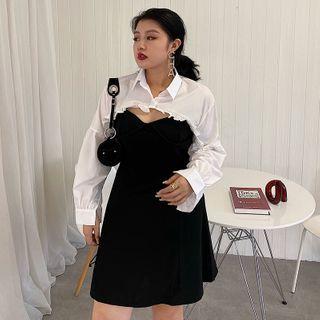 Set: Ruffled Cropped Shirt + Spaghetti-strap Mini A-line Dress