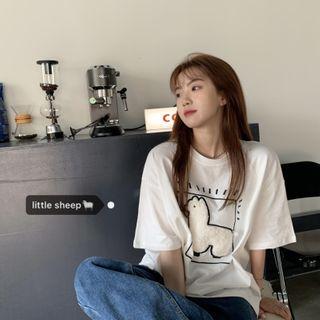 Elbow-sleeve Llama Embroidered T-shirt White - One Size