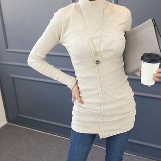 Mock-neck Asymmetric-hem Ribbed Top