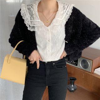 Long-sleeve Glitter Cardigan / Bell-sleeve Peter Pan Collar Lace Top
