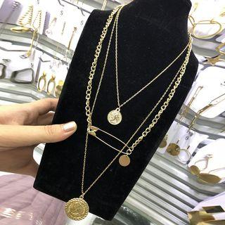 Alloy Coin Safety Pin Layered Pendant Necklace