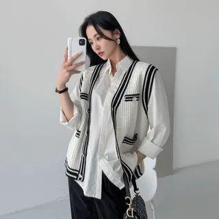 Sleeveless Contrast-trim Tweed Cardigan