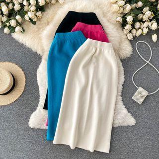 Plain Slit Knit A-line Skirt