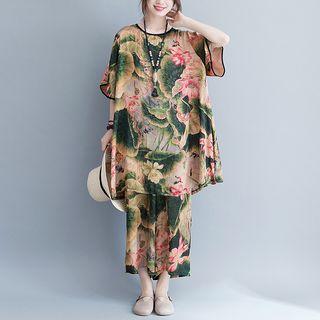 Set: Floral Print Elbow Sleeve T-shirt + Culottes