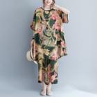 Set: Floral Print Elbow Sleeve T-shirt + Culottes