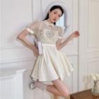 Puff-sleeve Lace Panel A-line Organza Dress