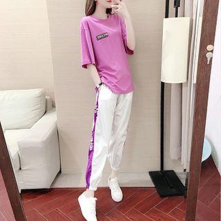Set: Elbow-sleeve Lettering Print T-shirt + Sweatpants