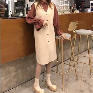 Set: Bell Sleeve Blouse + Buttoned V-neck Pinafore Dress