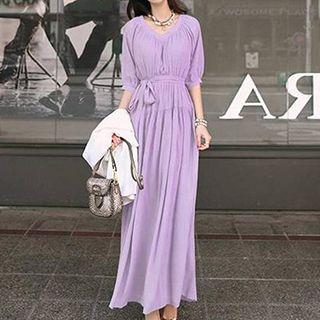 Short-sleeve Tie Waist Maxi Dress