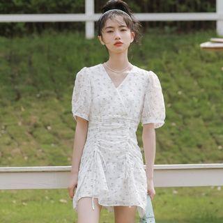 Short-sleeve Drawstring Flower Print Mini Sheath Dress