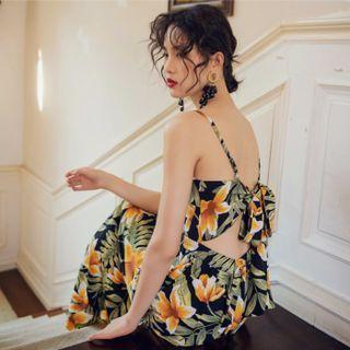 Spaghetti Strap Floral Print Tie-back Midi A-line Dress