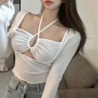 Mock Two-piece Long-sleeve Halter Cutout Top