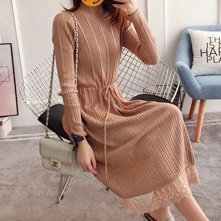 Long-sleeve Mock Neck Lace Hem Midi Knit Dress
