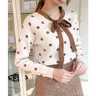 Tie-neck Polka-dot Knit Top Beige - One Size