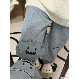 Mid Rise Smiley Face Print Wide Leg Jeans