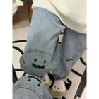 Mid Rise Smiley Face Print Wide Leg Jeans