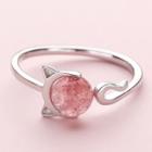 925 Sterling Silver Bead Cat Open Ring Strawberry Pink Cat - Silver - One Size