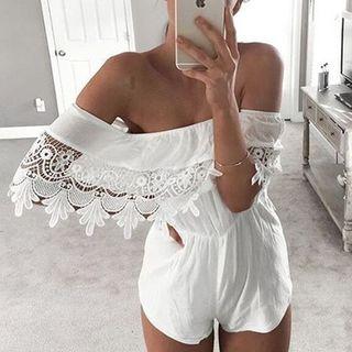 Off-shoulder Crochet-panel Playsuit