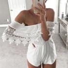 Off-shoulder Crochet-panel Playsuit