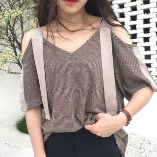 Striped V-neck Off-shoulder Short-sleeve Top