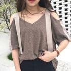 Striped V-neck Off-shoulder Short-sleeve Top
