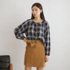 Tie-neck Raglan-sleeve Plaid Top