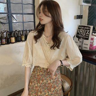 Puff-sleeve Lace Trim Perforated Blouse / Floral Midi Skirt