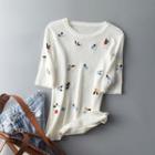 Short-sleeve Floral Embroidered Ribbed Knit Top