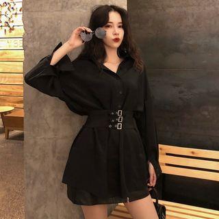 Long-sleeve Corset Shirt Dress Black - One Size