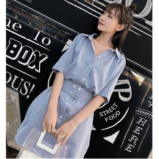 Short-sleeve Striped Mock Two-piece Shirtdress