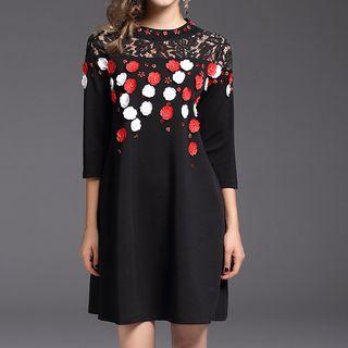 3/4-sleeve Dotted A-line Mini Dress