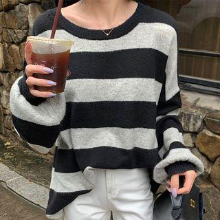 Striped Lantern-sleeve Knit Top Stripe - Black & Gray - One Size