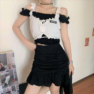 Off-shoulder Crop Top / Spaghetti Strap Top / A-line Mini Skirt