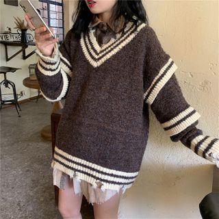 Distressed Striped Sweater Beige & Dark Coffee - One Size