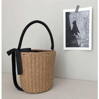 Bow-detail Raffia Bucket Bag