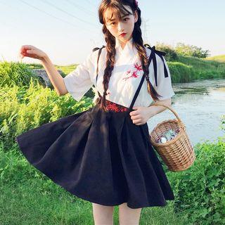 Short-sleeve Embroidered Wrap Top / A-line Jumper Skirt