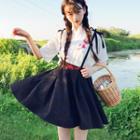 Short-sleeve Embroidered Wrap Top / A-line Jumper Skirt