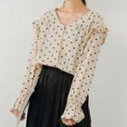 Long-sleeve Dotted Ruffle-trim V-neck Blouse
