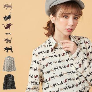 Long Sleeve Cat Print Blouse
