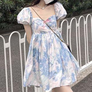 Puff-sleeve Print Mini A-line Dress Blue Floral - White - One Size