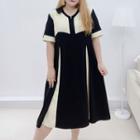Plus Size Short-sleeve Two-tone Midi Smock Dress